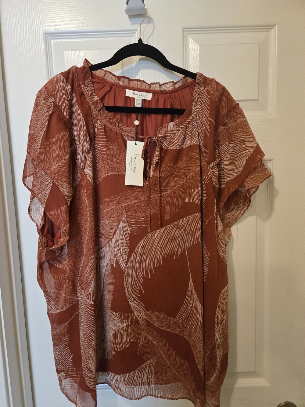 Rust Feather-Print Peasant Blouse with Tie Neck - Picture 8 of 8